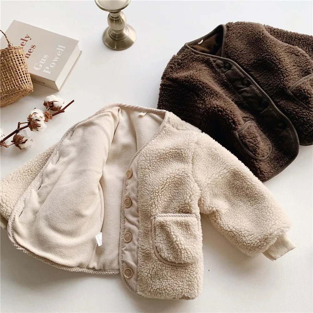 2025 Korean Boys Fall Winter Clothes For Girls Velvet Loose Lamb Velvet Warm Children's Jacket Coat For Girls 0-5-year-old