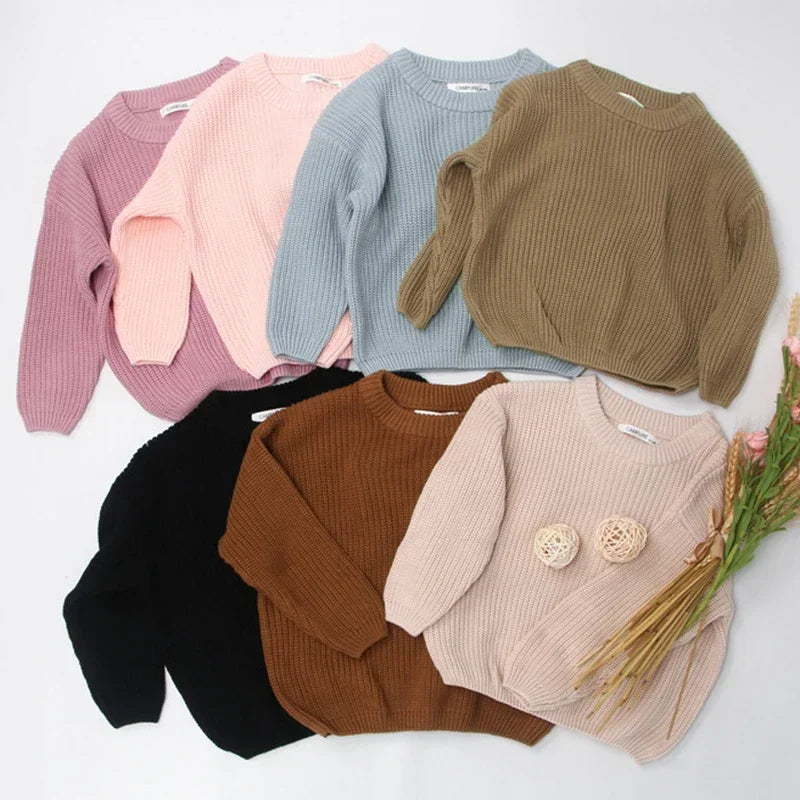 2025 New Autumn 0-7Yrs Kids Sweater Baby Loose Pullover Sweater Baby Boys Girls Long Sleeved Solid Color Knitted Pullover Tops