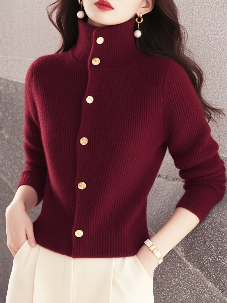 Women's Red High Neck Knit Sweater Lazy Luxe Feel Elegant Chic Pullover Tops Autumn Winter Women Clothing
