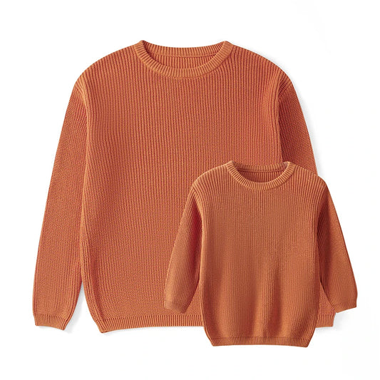 Autumn Winter Fashion Mommy and Me Matching Sweaters Solid Color Ribbed Long Sleeve Round Neck Chunky Knit Tops