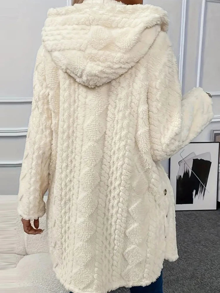 Thickened Plush Button Hooded Women's Cardigan Solid Color Long Sleeved Warm Sweaters Fashion Single-breasted Woman Clothing