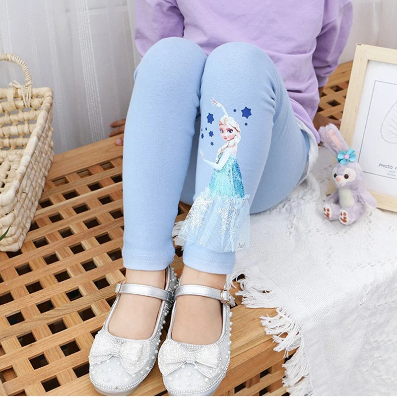 2025 Disney Girls Leggings Quality Cotton for Children Frozen Anna Elsa Autumn Baby Girl Pink Blue Trouser Kids Pants Cartoon