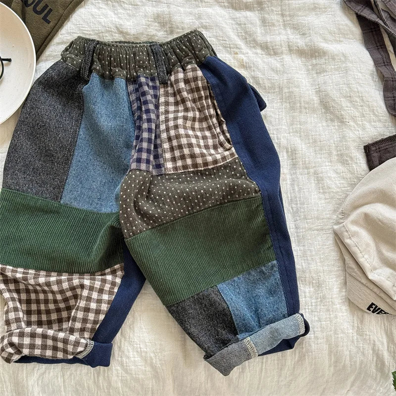 deer jonmi 2024 New Autumn Baby Boys Loose Patchwork Trousers Korean Style Toddlers Kids Casual Chic Haren Pants
