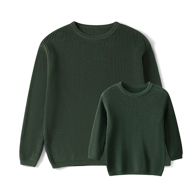 Autumn Winter Fashion Mommy and Me Matching Sweaters Solid Color Ribbed Long Sleeve Round Neck Chunky Knit Tops