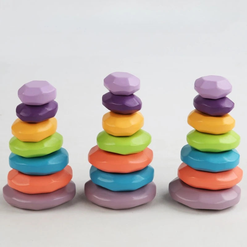 14pcs Wood Colorful Stone Building Blocks Wooden Toy Kids Interactive Party Stacking Game Educational Toys for Children
