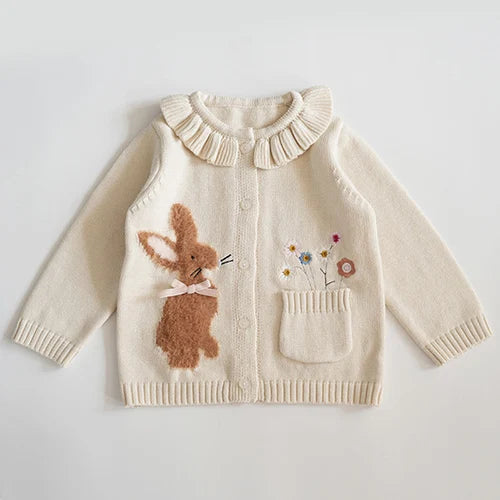 2024 New Autumn Children Long Sleeved Cartoon Print Casual Loose Sweater Baby Girls Knitting Cardigan Coat Kids Knitted Cardigan