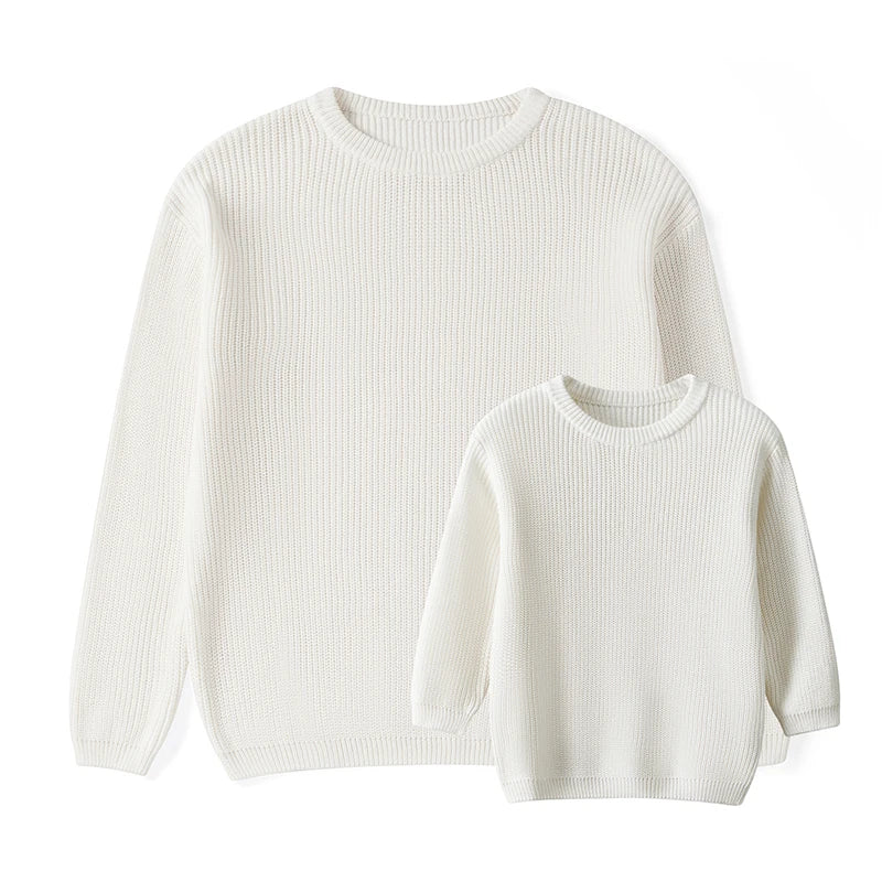 Autumn Winter Fashion Mommy and Me Matching Sweaters Solid Color Ribbed Long Sleeve Round Neck Chunky Knit Tops