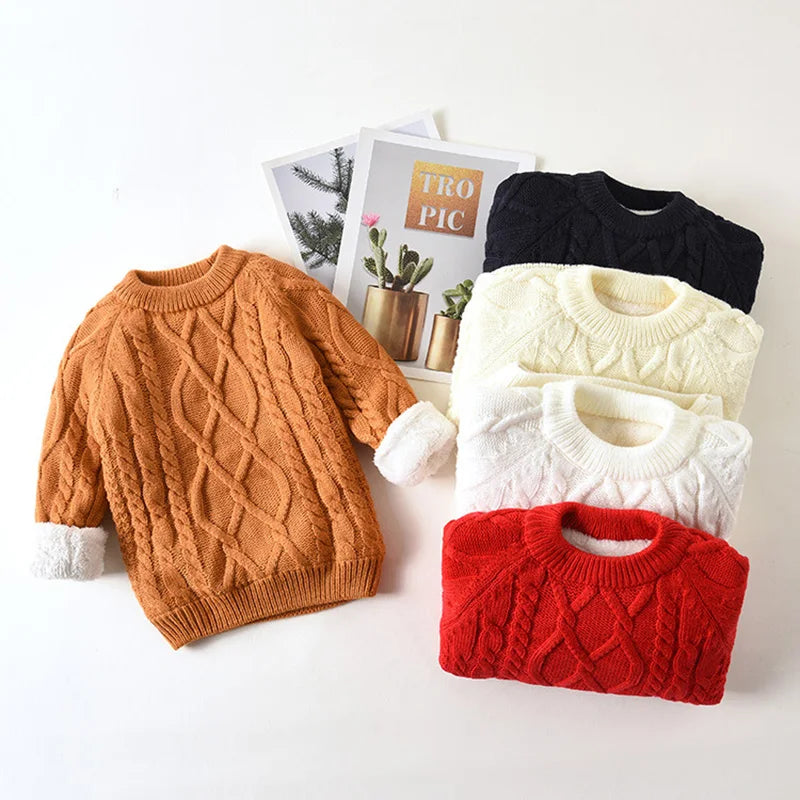 Autumn Winter Children Clothing Baby Girls Boys Thicken Plush Knitted Pullover Tops 1-8Yrs Kids Casual Loose Pullover Sweater