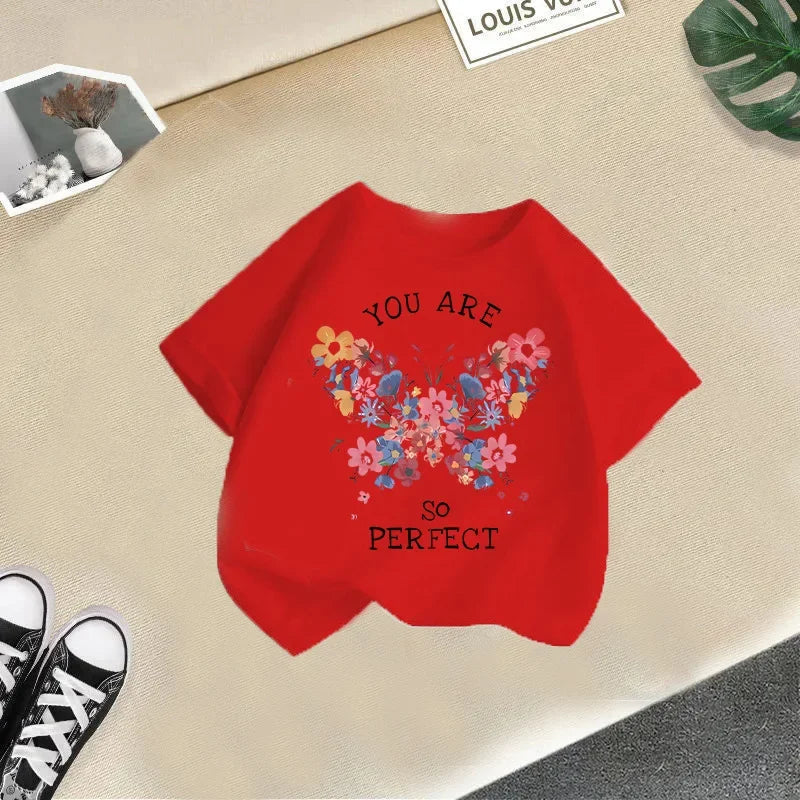 2025 Girl Butterfly Kitten Printed T-shirt Fashion Pure Cotton Round Neck Short Sleeve Girl Casual Candy Color Top