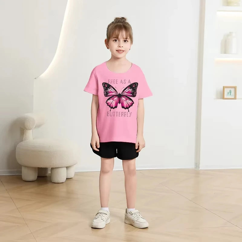 2025 Girl Butterfly Kitten Printed T-shirt Fashion Pure Cotton Round Neck Short Sleeve Girl Casual Candy Color Top