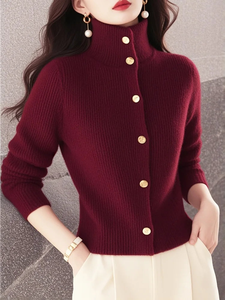 Women's Red High Neck Knit Sweater Lazy Luxe Feel Elegant Chic Pullover Tops Autumn Winter Women Clothing