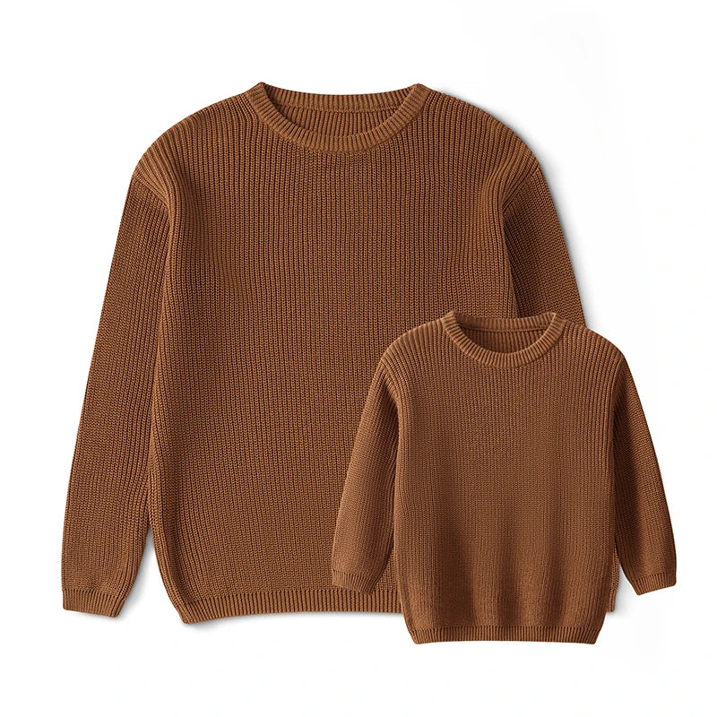 Autumn Winter Fashion Mommy and Me Matching Sweaters Solid Color Ribbed Long Sleeve Round Neck Chunky Knit Tops