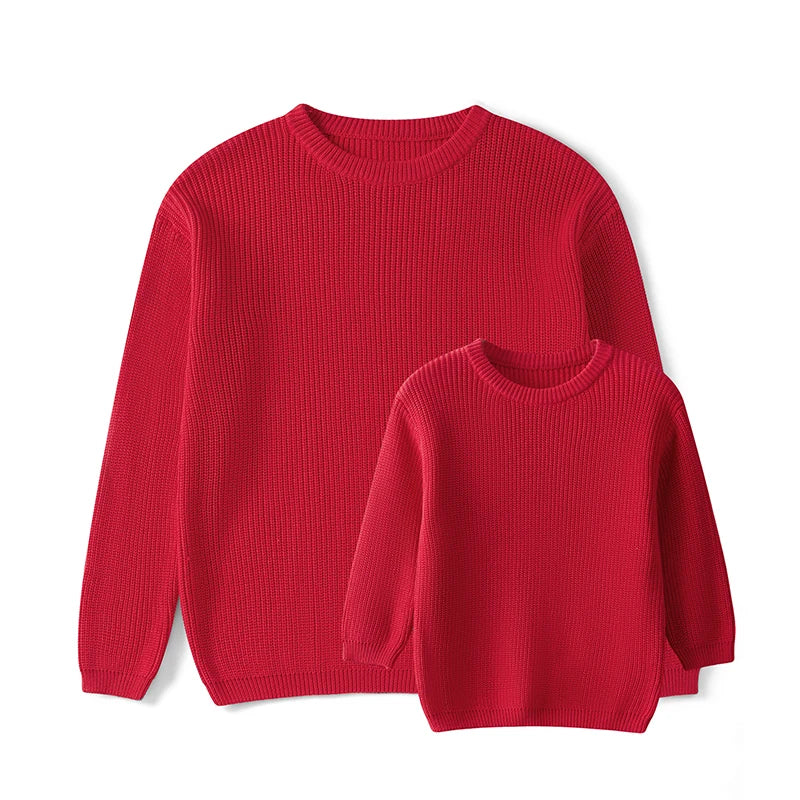 Autumn Winter Fashion Mommy and Me Matching Sweaters Solid Color Ribbed Long Sleeve Round Neck Chunky Knit Tops