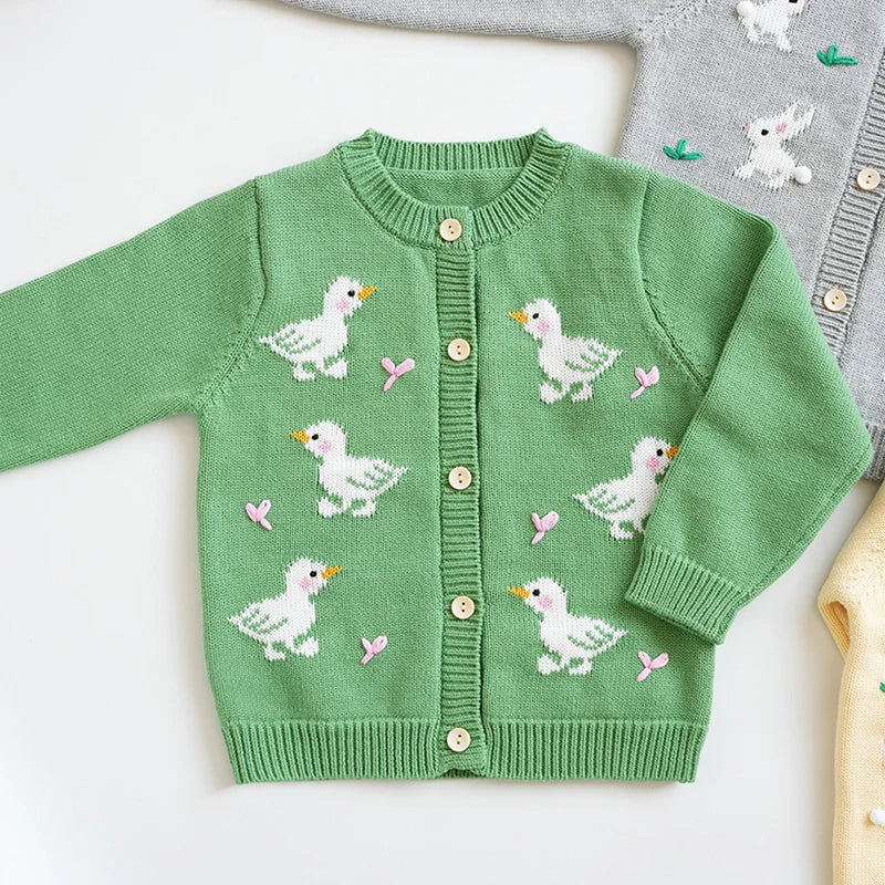 2024 New Autumn Children Long Sleeved Cartoon Print Casual Loose Sweater Baby Girls Knitting Cardigan Coat Kids Knitted Cardigan