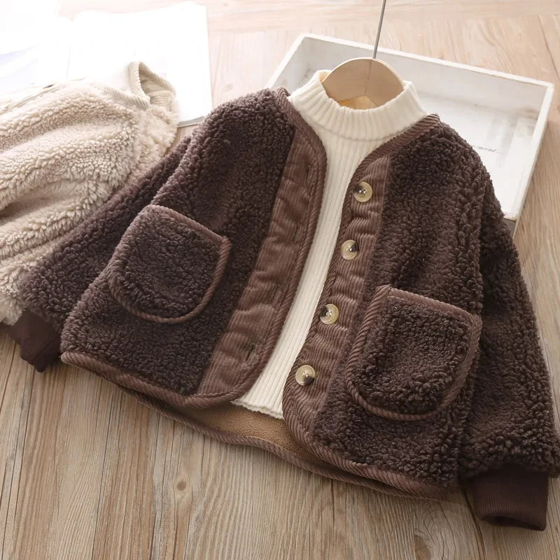 2025 Korean Boys Fall Winter Clothes For Girls Velvet Loose Lamb Velvet Warm Children's Jacket Coat For Girls 0-5-year-old