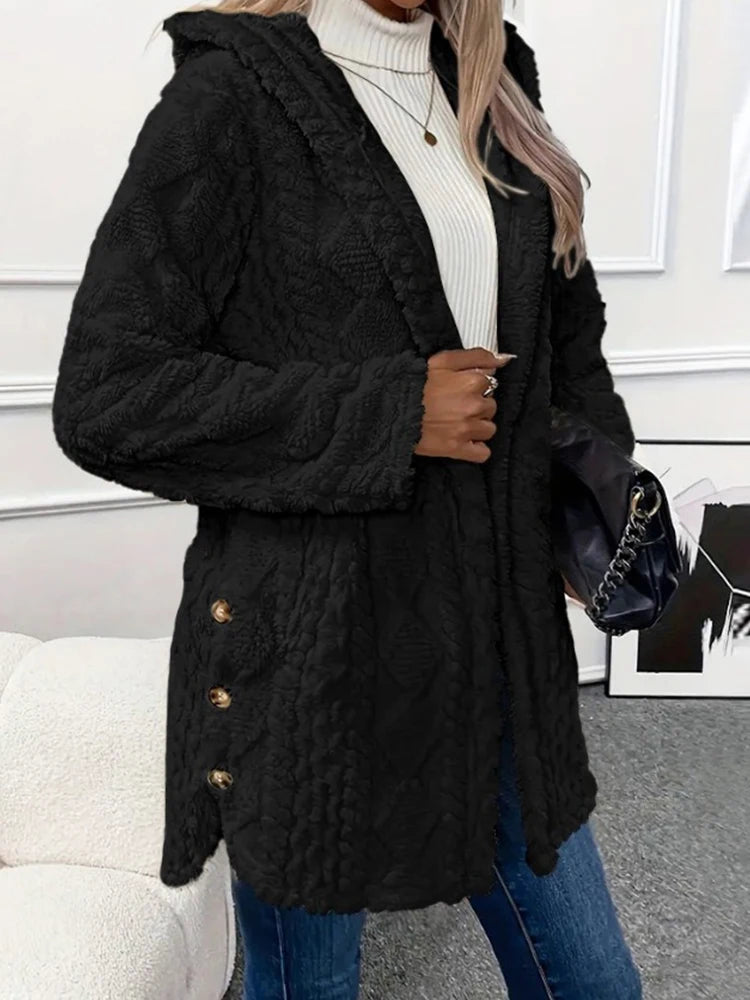 Thickened Plush Button Hooded Women's Cardigan Solid Color Long Sleeved Warm Sweaters Fashion Single-breasted Woman Clothing
