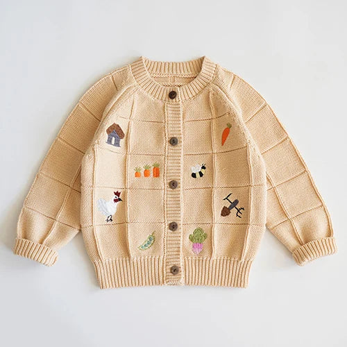 2024 New Autumn Children Long Sleeved Cartoon Print Casual Loose Sweater Baby Girls Knitting Cardigan Coat Kids Knitted Cardigan