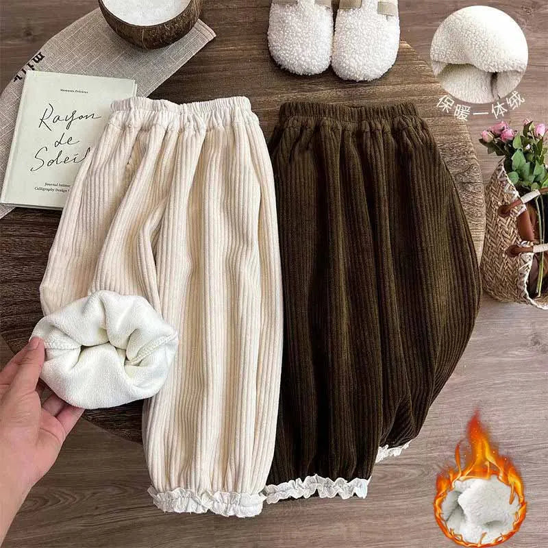 Girls Corduroy Fleece Pants Children Winter Warm Loose Straight Trousers Kids Lace Splicing Clothing Toddler Wide-leg Pants
